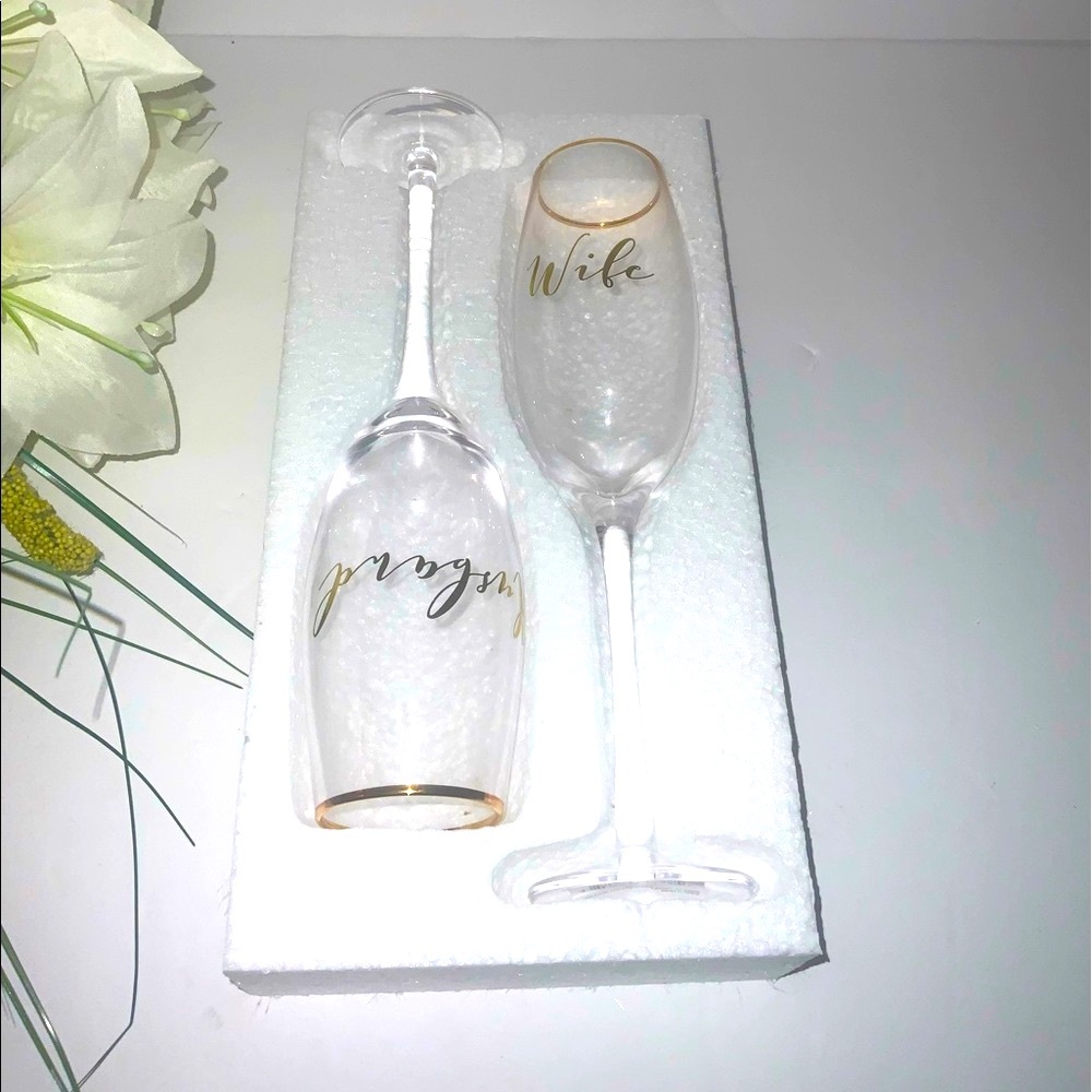 FINAL SALE Sealed Unused Husband & Wife New Gold trimmed Champagne Flutes